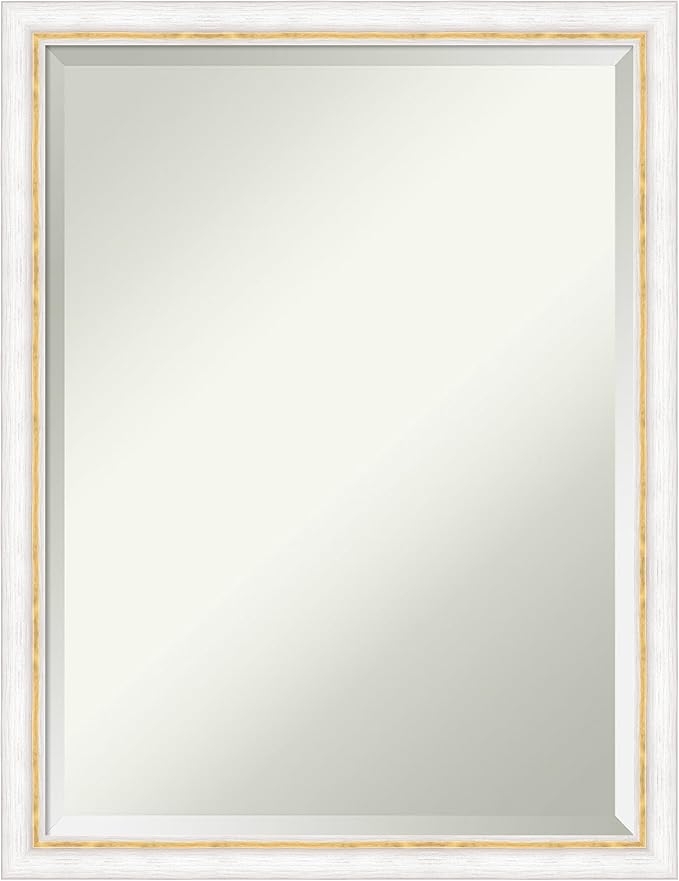 Amanti Art White Wall Mirror 26x20 Morgan White Gold Rectangle Bathroom Mirror for Wall Decor Living Room, Medium Modern Wood Frame, Hangs Horizonally and Vertically, Bathroom Decor, Beveled Edge