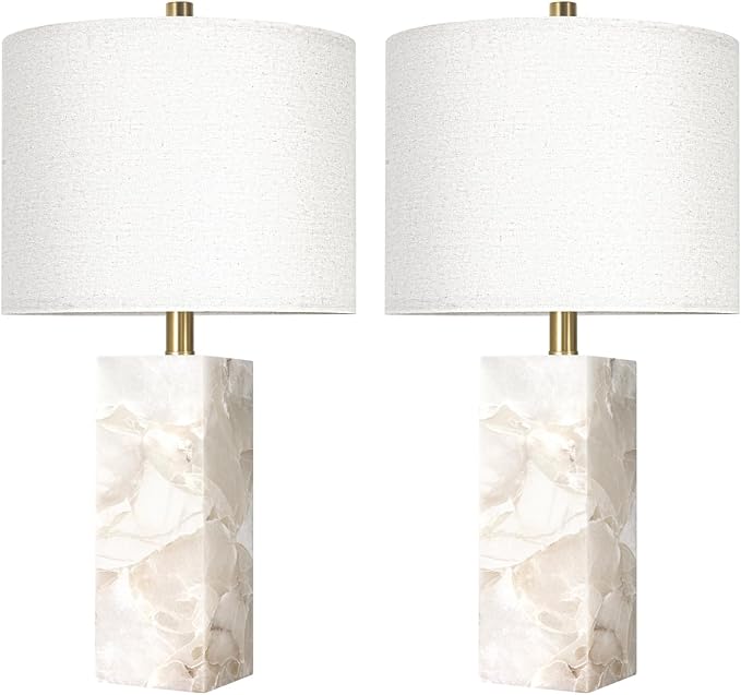 Scenekoy Alabaster Table Lamp Set of 2 with Night Light for Bedroom Living Room, 23" Rotary Switch Bedside Lamp with Linen Shade, Modern Nightstand Lamps for Room Office Dorm (Bulb Included)