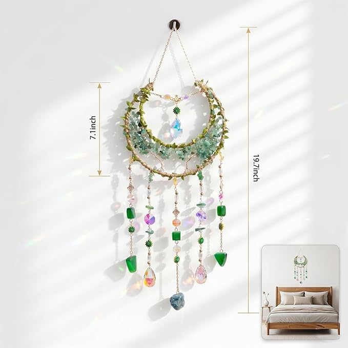 Crystal Moon Dream Catcher, Boho Green Dreamcatchers for Adults Girls, Handmade Agate Sun Catcher Wall Hanging for Bedroom Living Room Window Garden Décor