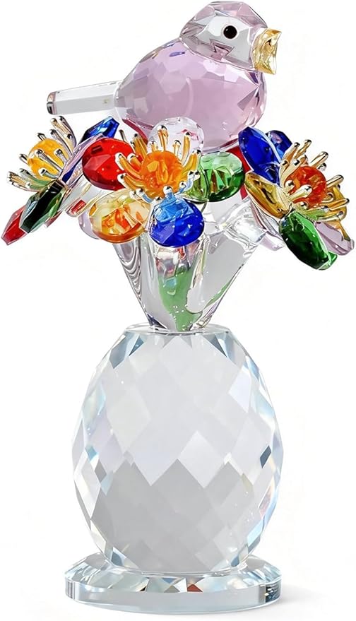 Crystal Figurines with Bird & Forget-Me-Not, 4.7 Inch K9 Crystal Keepsake & Paperweight, Romantic Home Decor Table Centerpiece for Mother Wife Sister (Colorful)