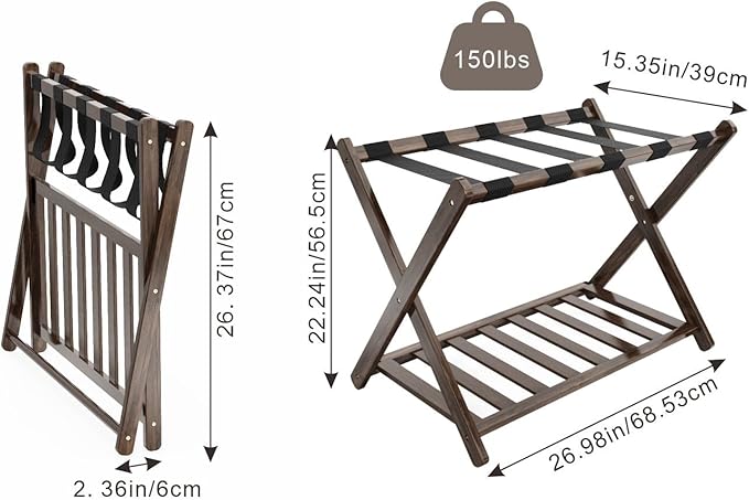 Luggage Racks, Folding Suitcase Stand with Storage Shelf, Bamboo Suitcase Rackwith Unique Magnetic Locking, 2 Pack Assembled Luggage Rack, Luggage Holders Stand for Guest Room, Bedroom, Hotel