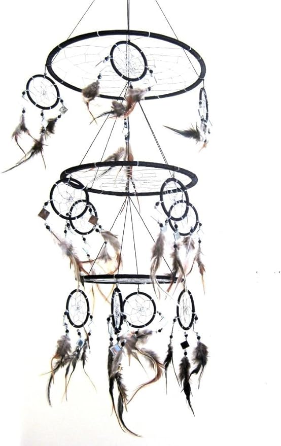 OMA Black Dream Catcher, 3D Design with Mosaic Glass and Feathers, Boho Home Decor Bedroom Decoration Gift Large Size - 30" Long x 9" Diameter
