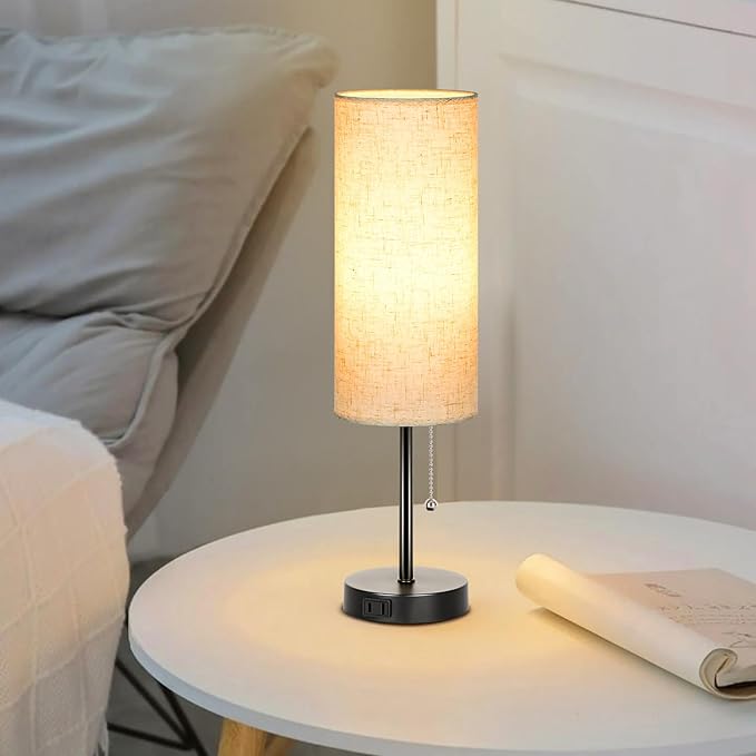 Dott Arts 18" Table Lamp for Bedroom, 3-Color Bedside Lamps with Pull Chain, Bedroom Table Lamps for Nightstand,AC Outlet Small Lamp for Living Room, Bulb Included Flax
