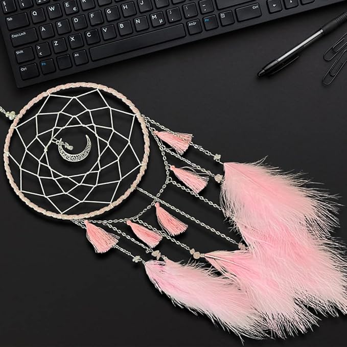 Dream Catcher Handmade Pink Feather Native American Circular Net for Boys Bedroom Wall Hanging Dream Catcher for Girls Kids Nursery Bedroom Decoration Blessing Gift (Pink)