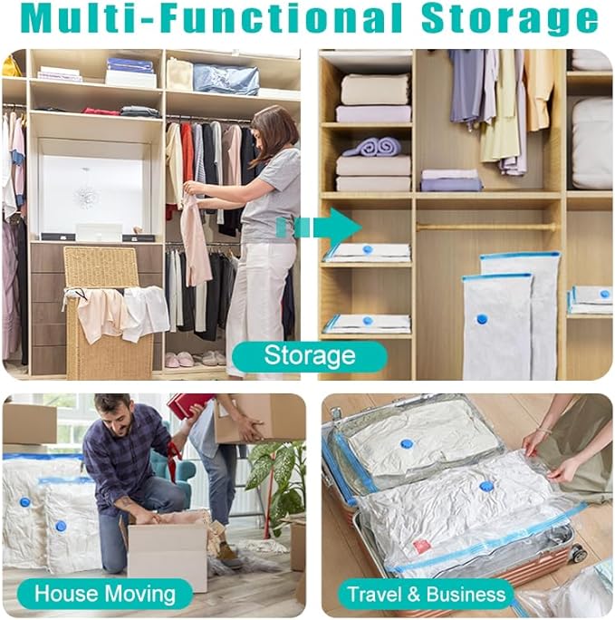 Vacuum Storage Bags, 10 Pack with Electric & Manual Pump, Space Saver Compression Bags for Clothes, Blue and White, Nylon, 4 Medium 4 Large 2 Jumbo, (Hand Pump)
