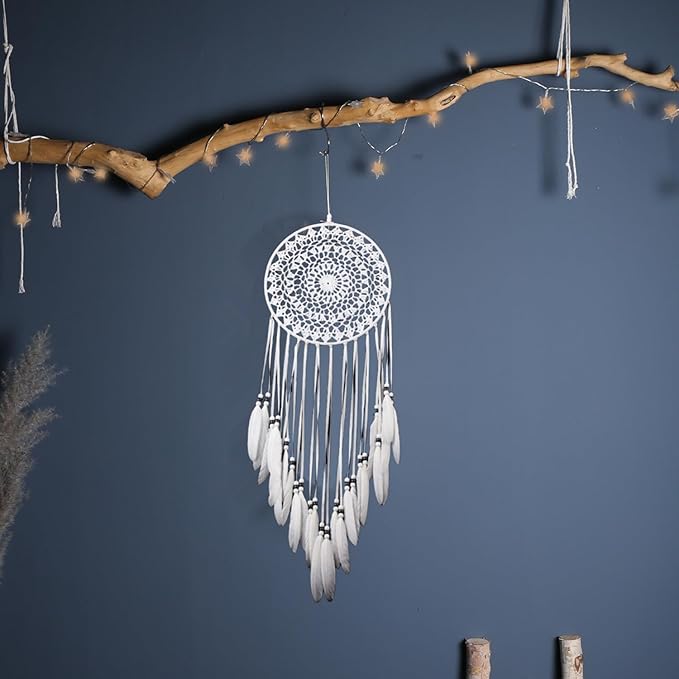 Large White Dream Catcher, Handmade Crochet Macrame Feather Dreamcatcher | Bohemian Wall Hanging Home Decor for Bedroom, Nursery, Living Room & Wedding.