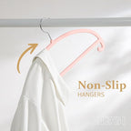 MIZGI 50 Pack Blush Pink Velvet Hangers - No Shoulder Bumps, Heavy Duty Non-Slip Chrome Hooks for Jackets, Coats, Pants