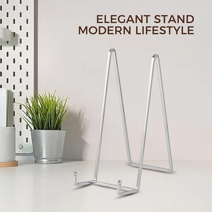 Large Plate Holder Display Stand - 10 inch Tall Plate Stands for Display - Metal Picture Frame Stand - Big Tabletop Easel Stand for Decorative Plates | Platter | Book | Plaque | Tile - 2 Pack - Silver