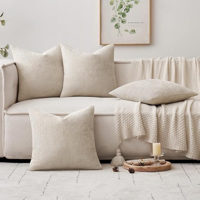 MIULEE Pack of 4 Couch Throw Pillow Covers 24x24 Inch Cream Soft Decorative Chenille Pillow Covers Farmhouse Accent Cushion Covers for Boho Spring Home Decor Sofa Bedroom Living Room