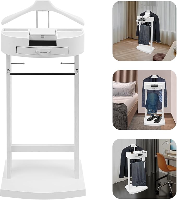Eapmic Wooden Freestanding Clothes Stand with Sturdy Base, Multi-functional Suit Valet Stand, Coat Rack with Top Drawer, Tie Hangers, and Storage Compartments for Office, Bedroom, Living Room (White)
