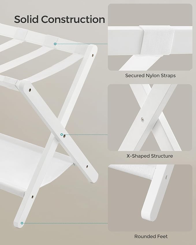 SONGMICS Luggage Rack, Set of 2, Folding Suitcase Stand with Storage Shelf, for Guest Room, Hotel, Bedroom, Heavy-Duty, Holds up to 131 lb, Cloud White URLR007W02