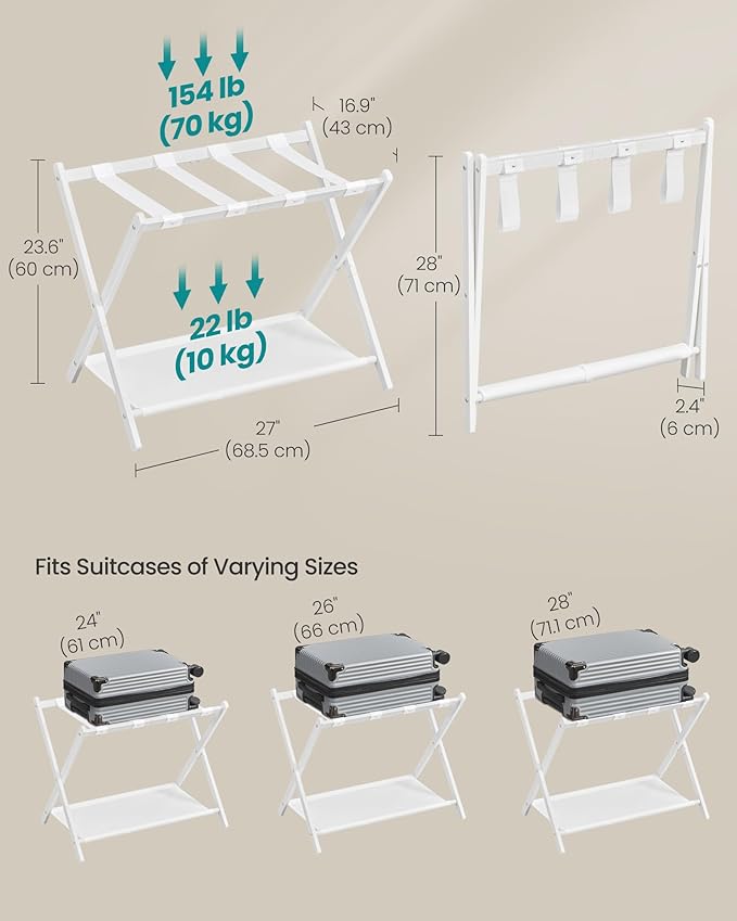 SONGMICS Luggage Racks for Guest Room, Set of 2, Suitcase Stand with Storage Shelf, Steel Frame, Foldable for Easy Storage, Hotel, Bedroom, Cloud White URLR003W02
