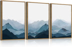 BINCUE Framed Blue Mountain Wall Decor Fog Blue Ridge Mountains Wall Art Minimalist Landscape Artwork Simple Blue Pictures Modern Mountain Wall Paintings for Living Room Bedroom Office 16x24 Inches Set of 3 Gift