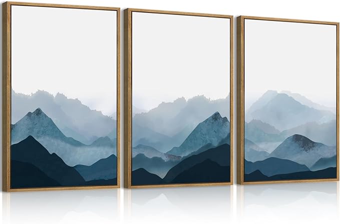 BINCUE Framed Blue Mountain Wall Decor Fog Blue Ridge Mountains Wall Art Minimalist Landscape Artwork Simple Blue Pictures Modern Mountain Wall Paintings for Living Room Bedroom Office 16x24 Inches Set of 3 Gift