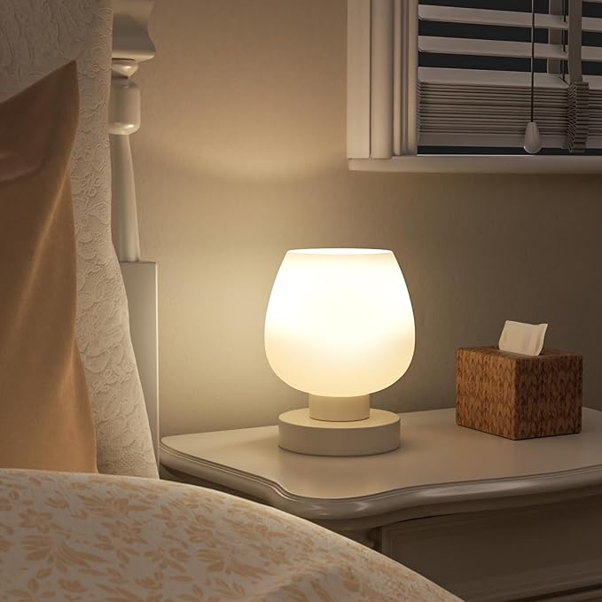 Seealle Cordless Touch Table Lamp for Nightstand - Small Bedside Lamp for Bedroom Night Stands, Desk Lamp with White Glass Shade for Small Spaces Living Room, Stepless Dimmable, LED Bulbs, Gifts