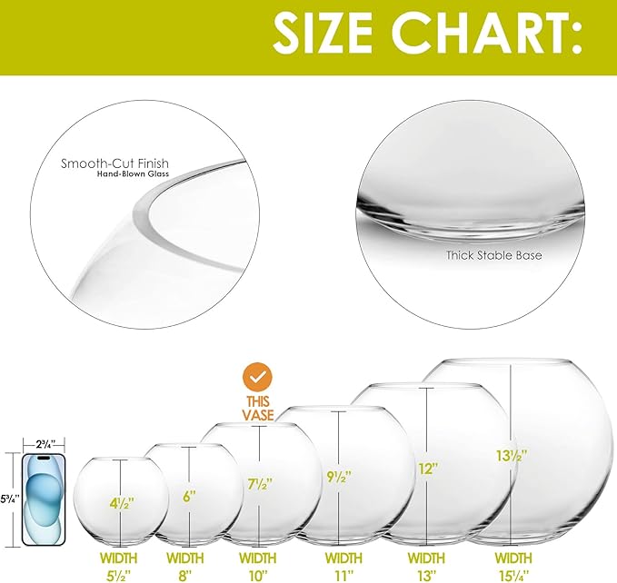 CYS EXCEL Glass Bubble Bowl (H-7.5" W-10", Approx. 2 Gal.) Multiple Size Choices Fish Bowl Vase Glass Round Bowl Terrarium Globe Flower Vase Centerpiece