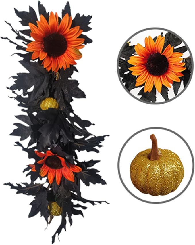 Artificial Rose Flower Swag,Artificial Sunflower Swag, 24 Inch Decorative Swag with Pumpkins Berries and Black Leaves for Halloween Home Front Door Lintel Wedding Arch Party Tabletop Wall Decor(#3)