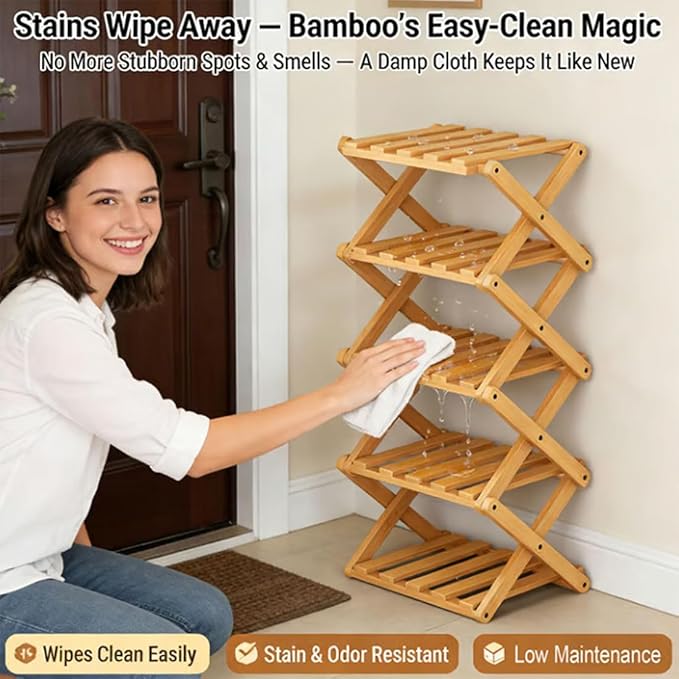 The 9-Tier No-Assembly Bamboo Rack, Foldable Stackable 9 Tier Bamboo Shoe Rack Vertical Storage Sturdy & Stable, Tall Narrow Space-Saving Expandable Shoe Rack for Entryway Closet Dorm (Brown,2 Tiers)