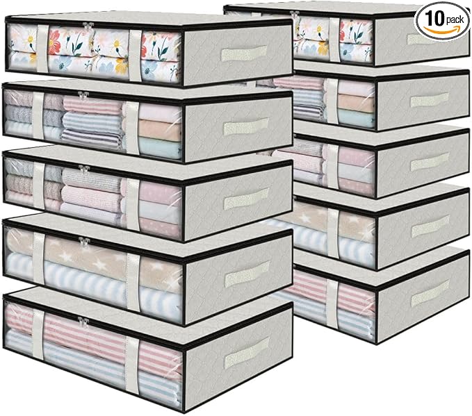 StorageRight Under Bed Storage Bags 10 Pack, 40L Large Clothes & Comforter Storage Containers with Clear Window, Breathable Fabric Organizer for Blankets, Bedding, Seasonal Clothing, White