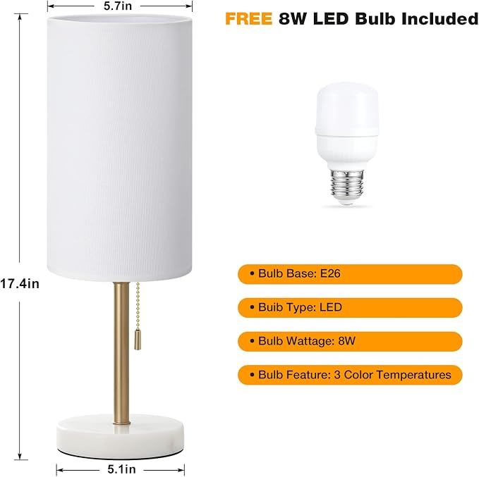 Dicoool Tall Bedside Table lamp for Bedroom - Luxury Marble Base & 3 Color Temperatures Bedside Lamps, Pull Chain Gold Table Lamps, White Nightstand Lamps for Living Room/Guest Room