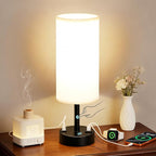 MOICO Bedside Lamp with 2 USB Ports and 1 AC Outlet, Table Lamp with Grey Linen Fabric Shade and Stable Metal Base, Nightstand Lamp for Bedrooms, Living Room, Kids Room, Dorm, Office