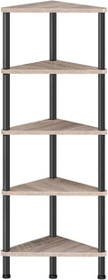 HOOBRO Corner Shelf Stand, Industrial 5-Tier Corner Bookshelf with Metal Frame, Corner Shelf Stand Display Plant Flower, Corner Bookcase for Small Spaces, Living Room, Greige and Black BG33CJ01
