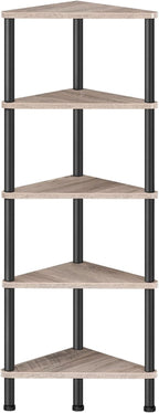 HOOBRO Corner Shelf Stand, Industrial 5-Tier Corner Bookshelf with Metal Frame, Corner Shelf Stand Display Plant Flower, Corner Bookcase for Small Spaces, Living Room, Greige and Black BG33CJ01