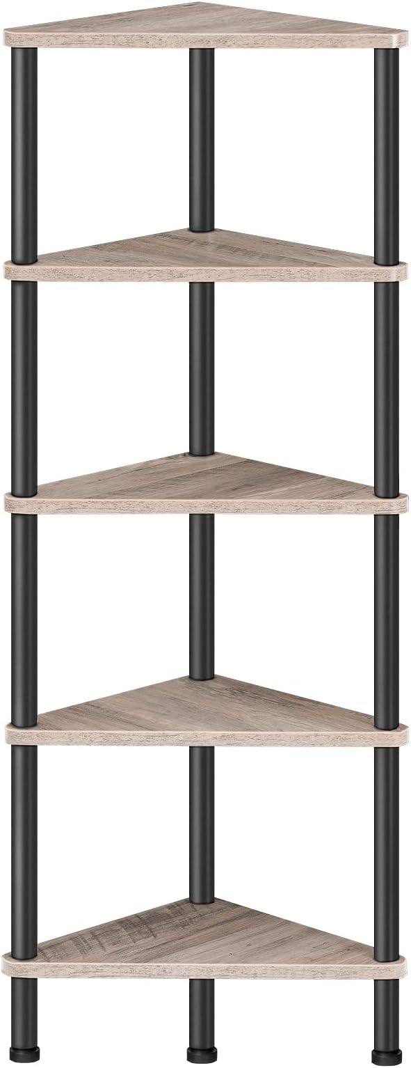 HOOBRO Corner Shelf Stand, Industrial 5-Tier Corner Bookshelf with Metal Frame, Corner Shelf Stand Display Plant Flower, Corner Bookcase for Small Spaces, Living Room, Greige and Black BG33CJ01