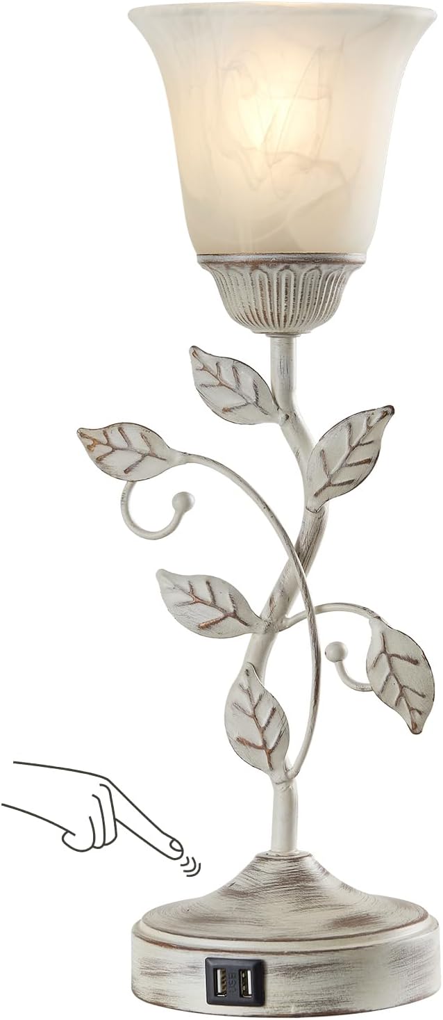 Rustic Touch Table Lamp for Bedroom, 3-Way Dimmable Nightstand Lamp with 2 USB Ports, Retro Vintage White Glass Shade Leaf Desk Lamp for Living Room Entryway, LED Bulb Included