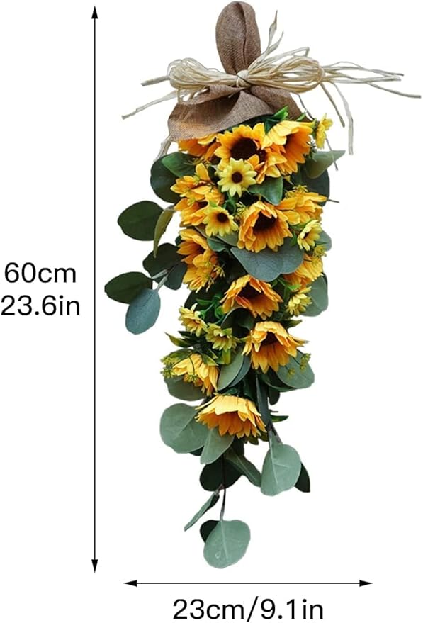 Spring Sunflower Swag, Sunflower Teardrop Swag with Eucalyptus Leaves Front Door Sunflower Swags Wreath for Wedding Arch Front Door Wall Decor