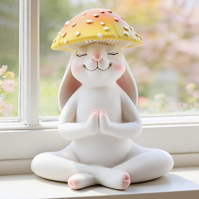 Meditation Mushroom Resin Statues – Cute Yoga Mushroom Figurines for Desk, Home, Office & Garden Decor – Zen Resin Sculptures for Living Room, Patio, Tabletop & Backyard (1 Pack, Rabbit)