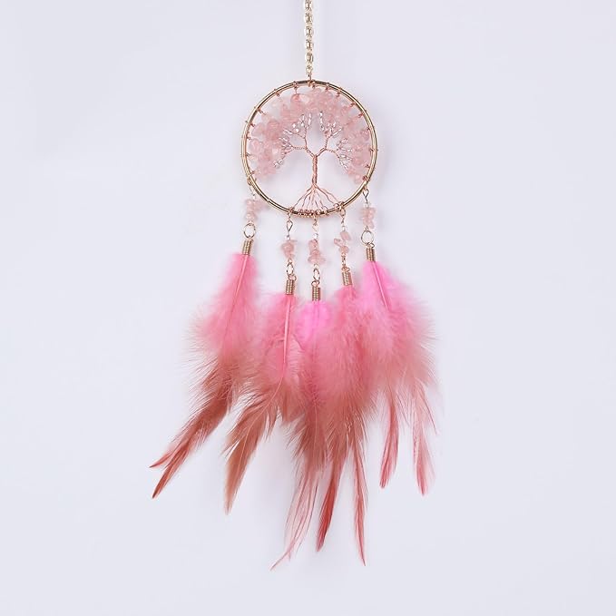 Pretty Jolly Small Tree of Life Crystal Stone Dream Catchers Pink Feathers Mini Dreamcatchers for Cars Rear View Mirror Hanging Decoration Good Luck Travel Charm Bedroom Ornaments for Women Girls