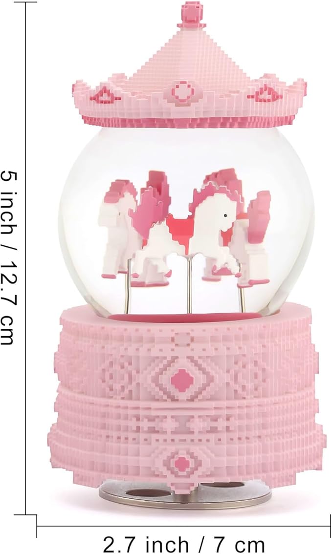 Pixel-Design Carousel Snow Globe Music Box, Compact Decorative Gift for Collectors and Home Accents, Subtle Pink Edition, Plays Toyland Melody