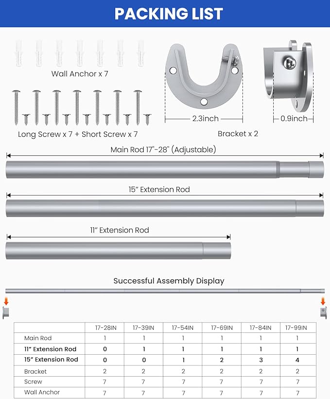 Closet Rods for Hanging Clothes, 17 to 28 Inches Stepless Adjustable Metal Closet Rod, 1.3 Inches Heavy Duty Clothes Hanging Rod for Closet Wardrobes Laundry RV, Silver