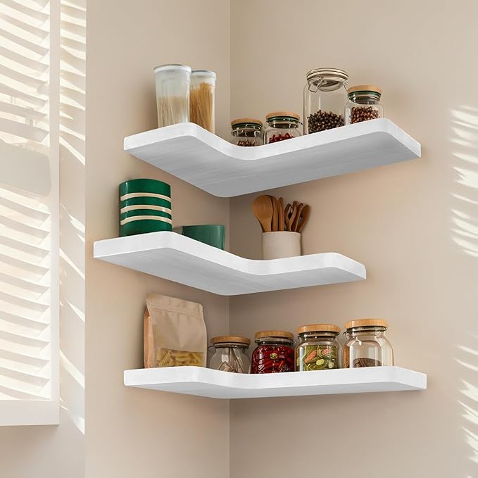 Floating Corner Shelves Set of 3, Solid Wood Picture Wall Shelf, Floating Shelves for Storage for Bedroom Kitchen Bathroom Living Room (White)