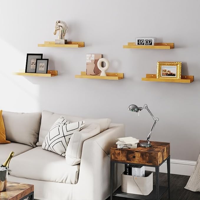 RICHER HOUSE 5 Set Floating Shelves for Wall Decor, Wall Mounted Book Shelf, Nursery Shelves Picture Ledge Shelf with Lip for Storage, Bedroom, Living Room, Bathroom - Oak