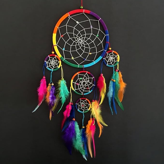 OMA Rainbow Chakra Dream Catcher Wall Decor – Handcrafted Dream Catcher with Multicolor Tie Dye Feathers for Bedroom, Living Room, Dorms & Gift – 7" Diameter x 22" Long