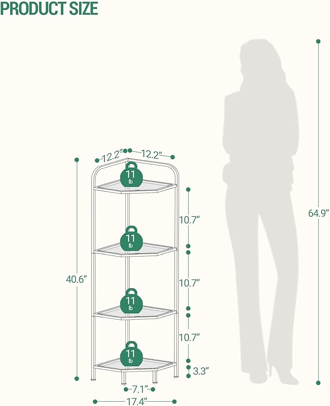 Hzuaneri Corner Shelf Stand, 4-Tier Glass Bookshelf Bookcase, Bathroom Organizer, Plant Stand, Steel Frame, Tempered Glass, Modern Style for Living Room, Bathroom, Kitchen, Golden CS90400G