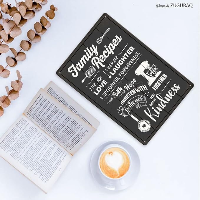 Funny Kitchen Signs Decor-Kitchen Farmhouse Decor-Personalized Kitchen Metal Sign-Retro Kitchen Counter Accessories-12x8 Inch Hanging Plaque Home Wall Decorations-Family Recipes Carbon Gray
