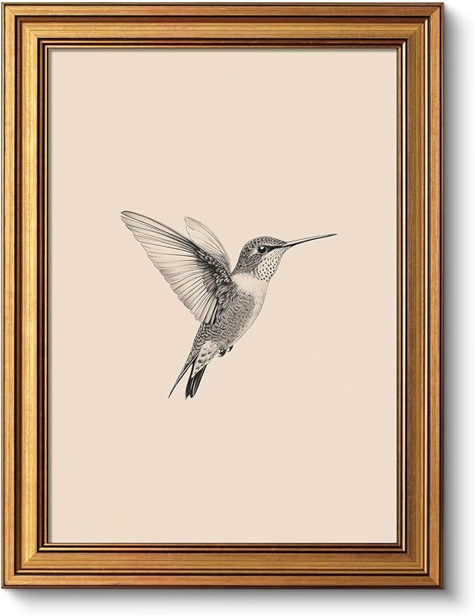 VIYYIEA Vintage Gold Framed Wall Art for Living Room, Birds Canvas Prints Home Decor, Sketch Painting Picture, Bedroom Wall Decor Gifts for Friends or Family -【Hummingbird】-(16L x 12W)