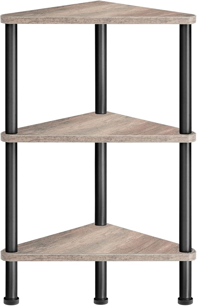 HOOBRO Corner Shelf Stand, Industrial 3-Tier Wall Corner Bookshelf with Metal Frame, Plant Display Shelf, Bookcase for Small Spaces, Living Room, Greige and Black BG30CJ01
