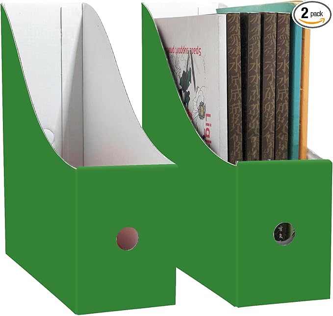 Limitliho 2 Pack Cardboard File Storage Box with Label, Grass Green Book Holder for Classroom,Office,Home,Magazine Organizer for Desk(10.6" H x 10.2" L x 3.5" W in)