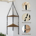 Artilady Black Corner Shelf Wall Hanging - 2 Tier Wood Floating Shelves, Rustic Boho Wall Shelf Decor Hand Woven Cotton Rope Storage Rack for Plants Pots Photo Frames (Black)
