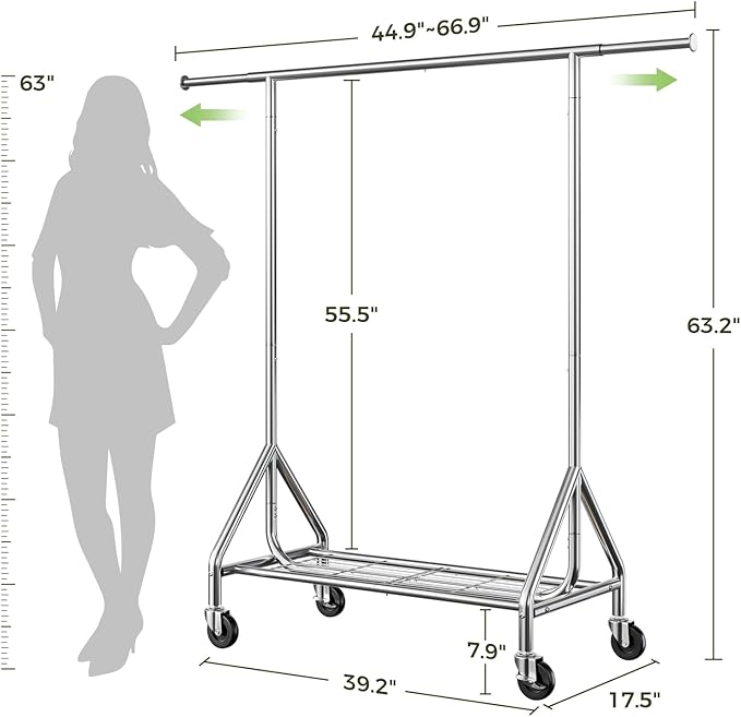 Clothes Rack Load 450 LBS, Heavy Duty Garment Rack, Standing Rolling Metal Hanging Clothes with Sturdy Wheels & Shelves, Silver