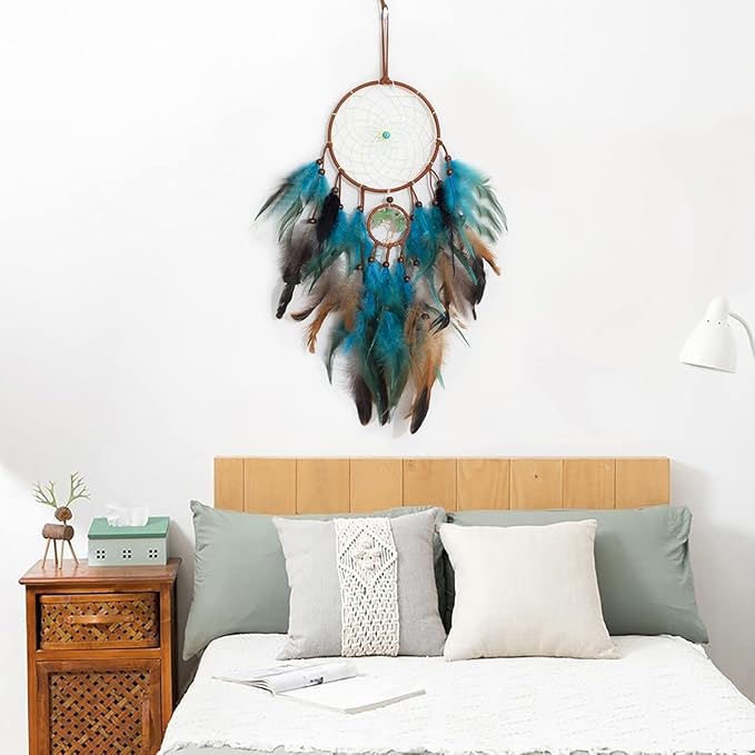 Dream Catcher Blue Tree of Life with Feathers, Handmade Indians Traditional Circular Net for Wall Hanging Decor, Bedroom Kids, Home Decoration Wedding Party Blessing Gift