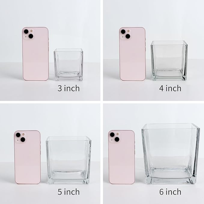Set of 6 Square Glass Vases 3" x3" x 3", Clear Flower Vases for Centerpieces, Candle Holder for Wedding Party Events, Home Décor