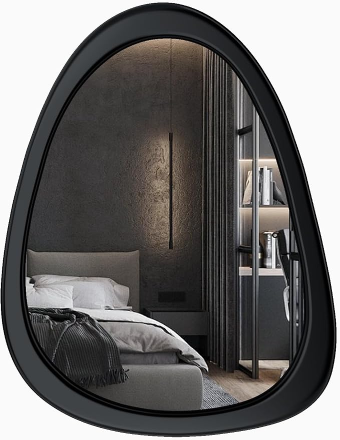 28"x 22" Irregular Wall Mirror, Black Frame Wood Asymmetrical Decorative Wall Mirror for Living Room Bedroom Entryway Bathroom Home Decor