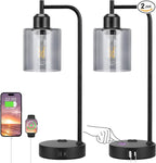 Innqoo Industrial Touch Bedroom Lamps for Bedrooms Set of 2-3-Way Dimmable Table Lamps with USB C+A Ports and Outlet, Bedside Lamps with Gray Glass Shade for Living Room, Desk Lamps for Home Office