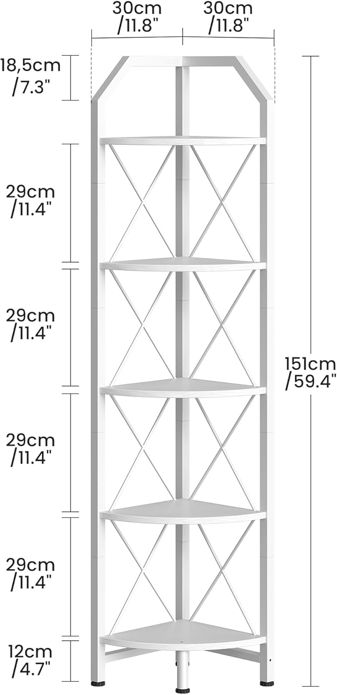 CHOEZON 5-Tier Corner Shelf, Industrial Corner Bookshelf, 59.4" Corner Storage Stand, Plant Stand Display Shelf, Corner Bookcase for Bedroom, Living Room, Home Office, White TCJ10WB