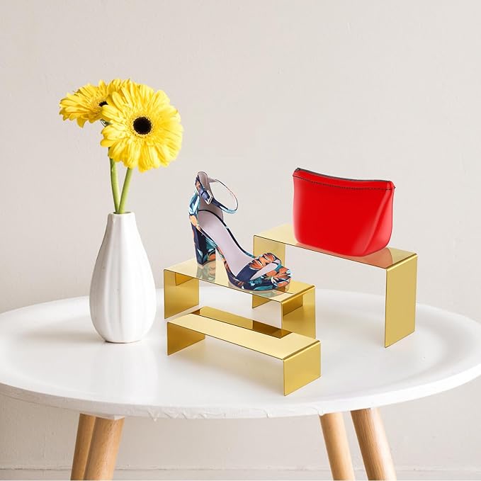 Hedume Set of 3 Shoe Handbag Display Stand, Gold Stainless Steel Purse Display Risers, Countertop Risers for Perfume Handbag Shoe Jewelry Holder